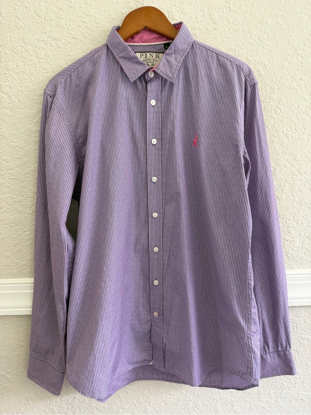 Thomas Pink Men Slim Fit Striped Button-Up Shirt 100% Cotton Size L